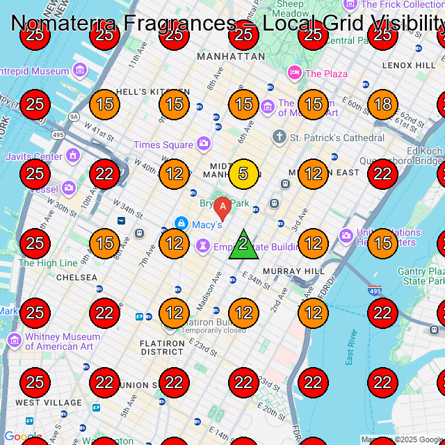 Nomaterra Fragrances GeoGrid visibility map for Perfume Store in New York